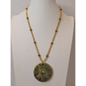 Vintage Hand-Carved Jade Pendant Necklace Yellow & Unique Beads Non- Adjustable